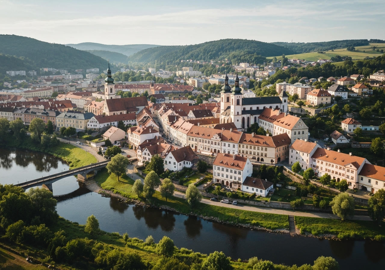 Aerial view of the historical city center of Mnichovo Hradiště, surrounding lush landscape near the Jizera river, editorial photography, soft natural morning light, cinematic atmosphere, 85mm lens, high resolution, no text, no words, no letters