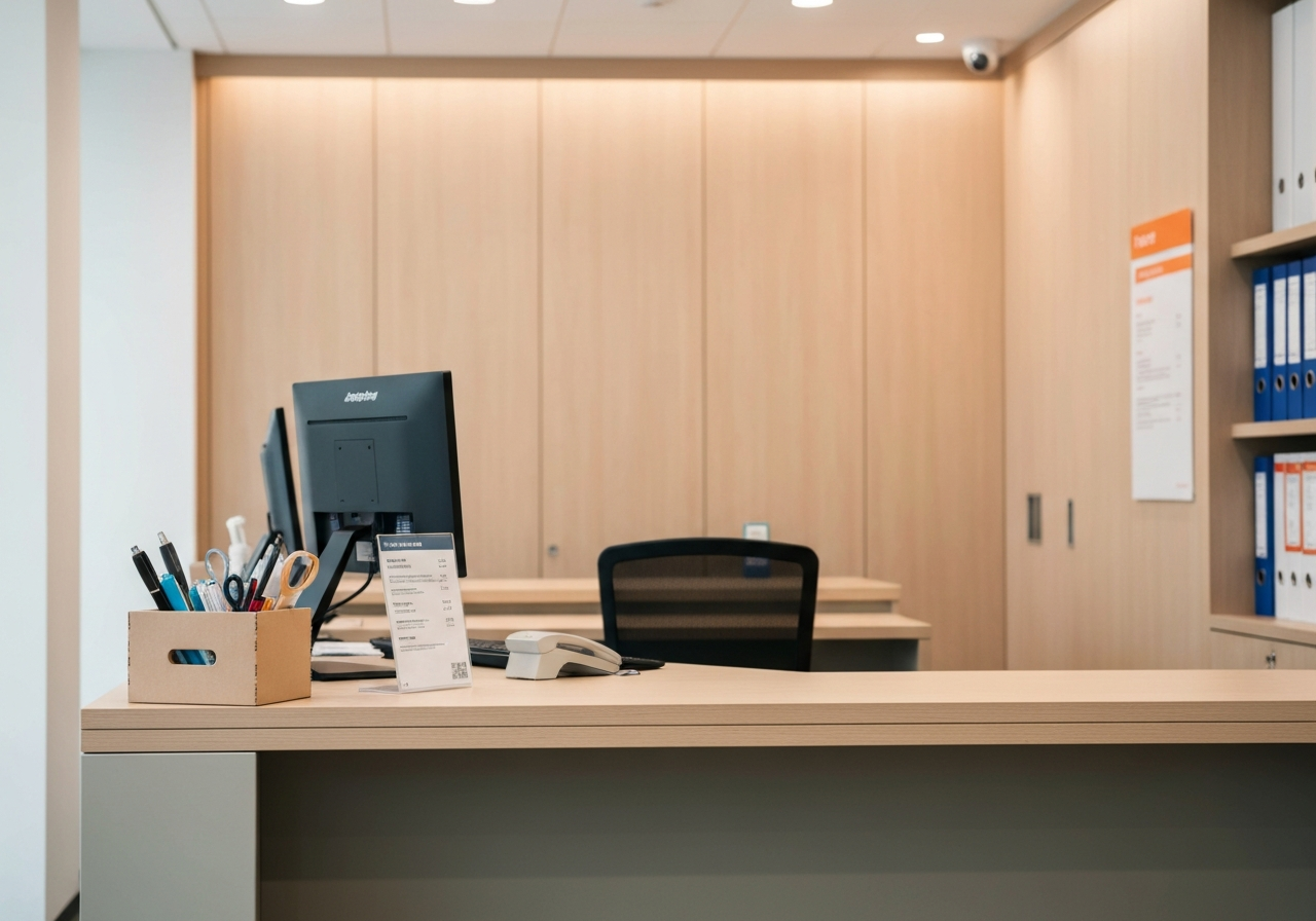 A clean, minimalist office desk with a professional parcel delivery focus, modern interior of a local post office, warm soft natural lighting, editorial photography style, 85mm lens, high quality, no text, no words, no letters
