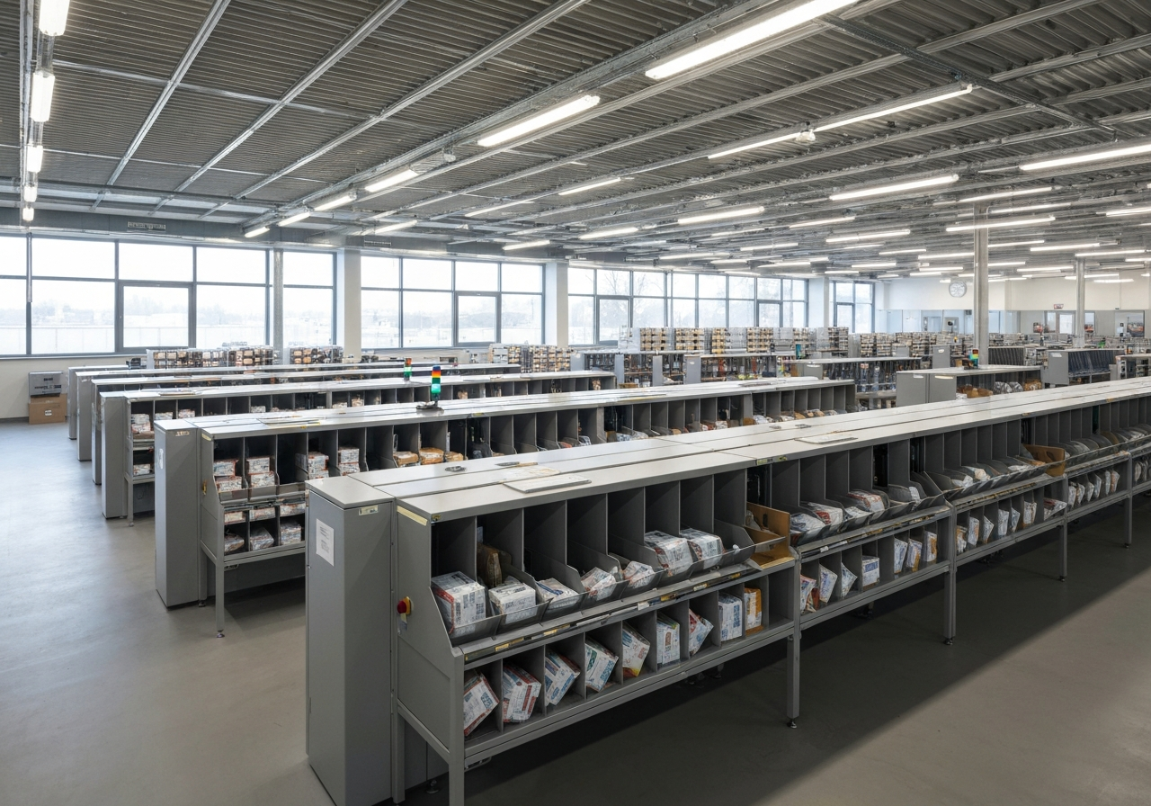 A professional mail sorting facility interior in Prague, clean industrial aesthetic with organized postal packages, soft natural lighting, 85mm lens, high resolution, no text, no letters