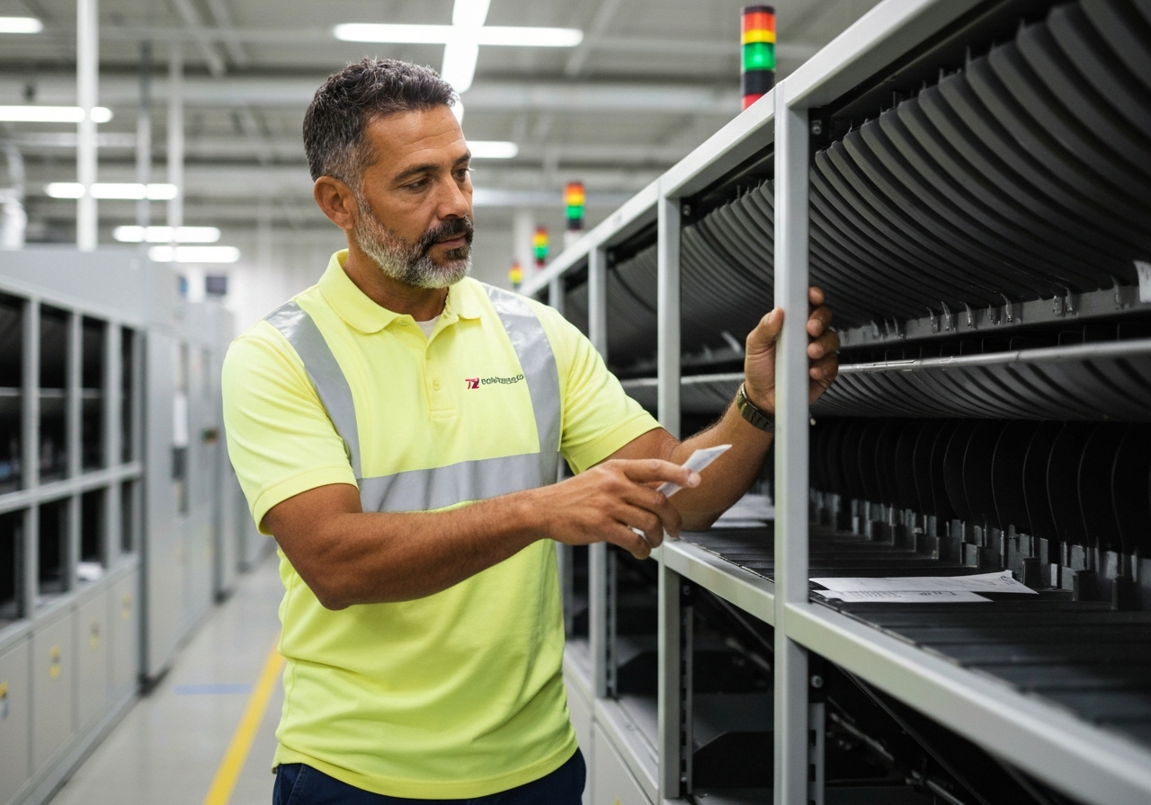 A professional logistics worker inspecting modern mail sorting equipment in a clean, brightly lit postal facility, editorial photography, soft natural light, 85mm lens, highly detailed, no text, no words, no letters.