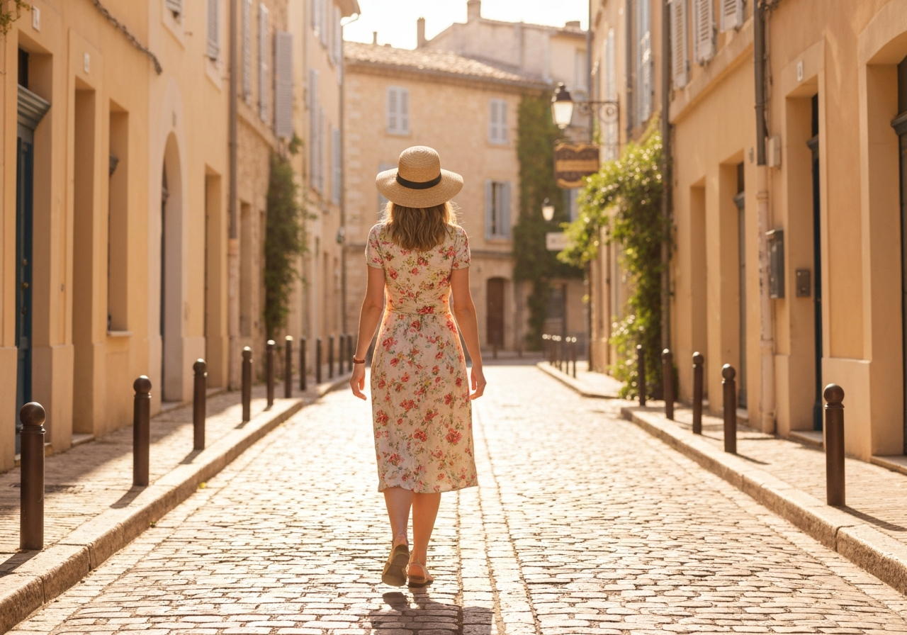 A stylish traveler walking through a sunny cobblestone street in southern France, hands-free and relaxed, soft natural light, editorial photography, 85mm lens, high quality, no text, no words, no letters
