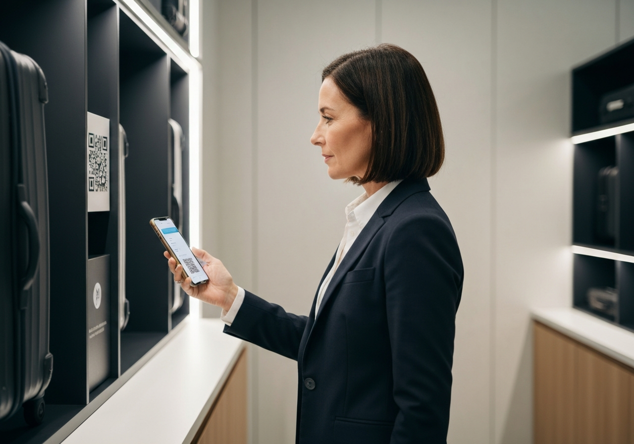 A professional traveler using a smartphone to scan a QR code at a sleek, modern luggage storage facility, bright and organized space, editorial photography, soft natural light, 85mm lens, high resolution, no text, no words, no letters.