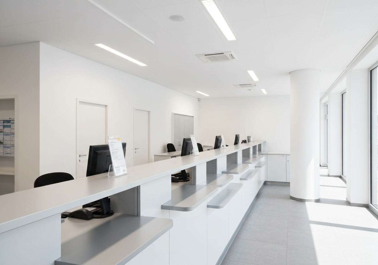 A professional, clean, and modern Czech post office branch interior with bright natural lighting, minimalist aesthetics, high-end editorial photography style, 85mm lens, depth of field focusing on a service counter, no text, no words, no letters