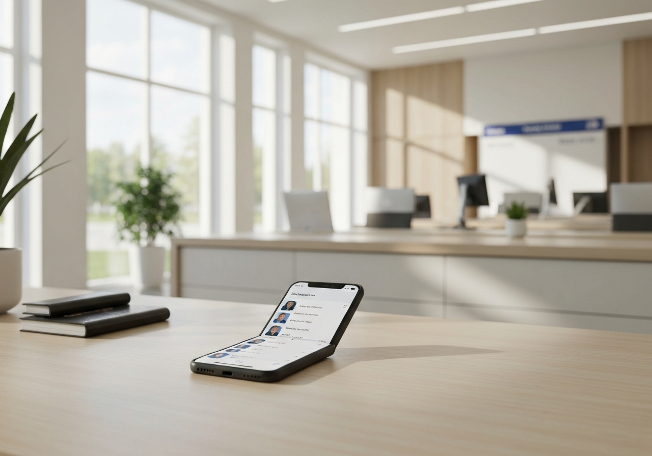 A professional, minimalist office desk with a smartphone displaying a contact list and a clean, modern post office interior in the background, soft natural light, 85mm lens, editorial photography style, no text, no words, no letters.