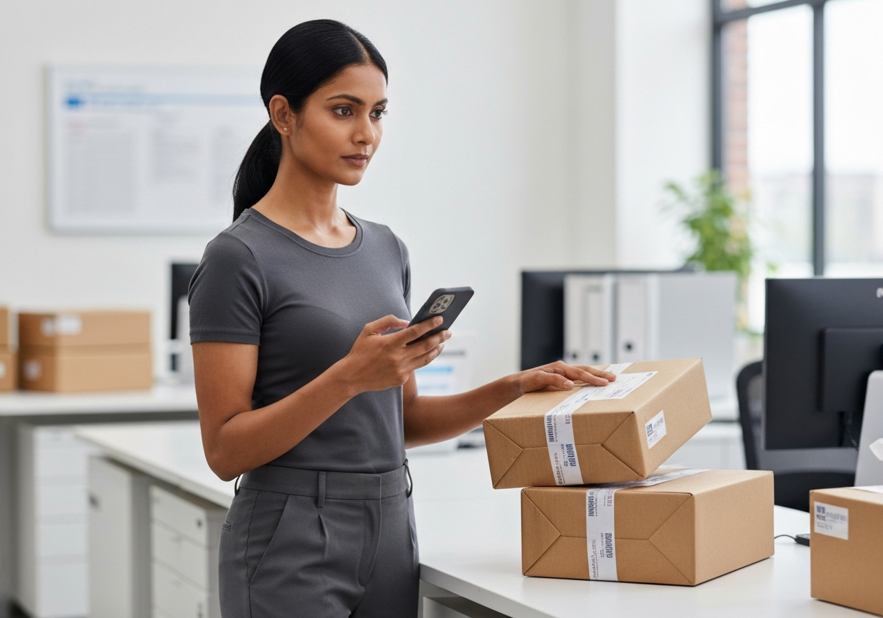 A professional woman holding a smartphone and a neatly prepared parcel, standing in a clean, modern postal office environment, soft natural light, depth of field, 85mm lens, high-end editorial photography style, no text, no words, no letters