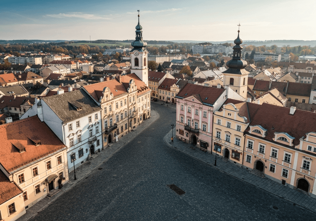 Aerial view of Pelhřimov city square, cobblestone streets with historical buildings, soft morning natural light, editorial photography, 85mm lens, highly detailed, no text, no letters