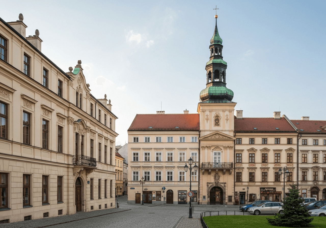 A professional view of Masarykovo náměstí in Pelhřimov, historic architecture, clean urban environment, soft natural daylight, cinematic editorial photography, 85mm lens, no text, no words, no letters