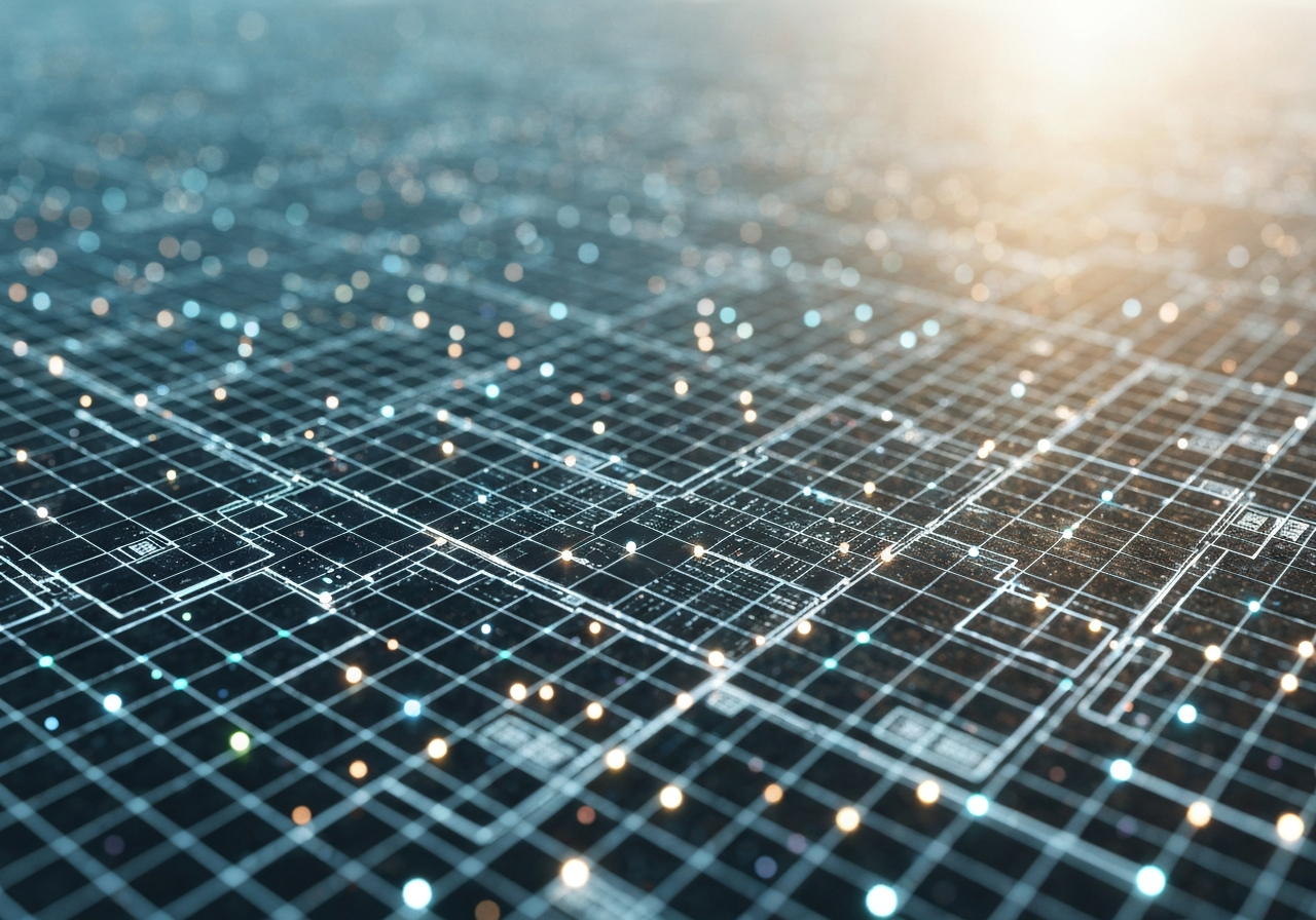 A high-angle aerial view of a stylized digital city grid overlaid with glowing geographic coordinate points and data nodes, modern, clean, premium aesthetic, soft natural light, depth of field, 85mm lens, no text, no words, no letters