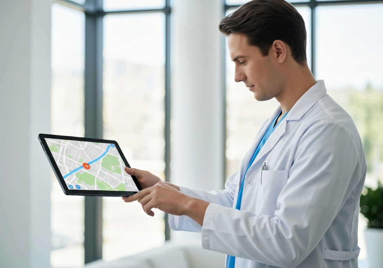 A professional medical technician using a digital tablet to verify delivery coordinates on a modern map interface, clean high-tech hospital logistics office, soft natural light, 85mm lens, high resolution, no text, no words, no letters