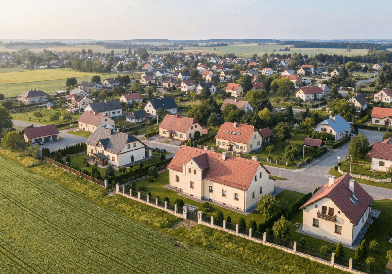 Aerial view of the Moravian landscape surrounding the village of Moravsky Pisek, peaceful village architecture, clean and organized, editorial photography, soft natural morning light, 85mm lens, high resolution, no text, no letters