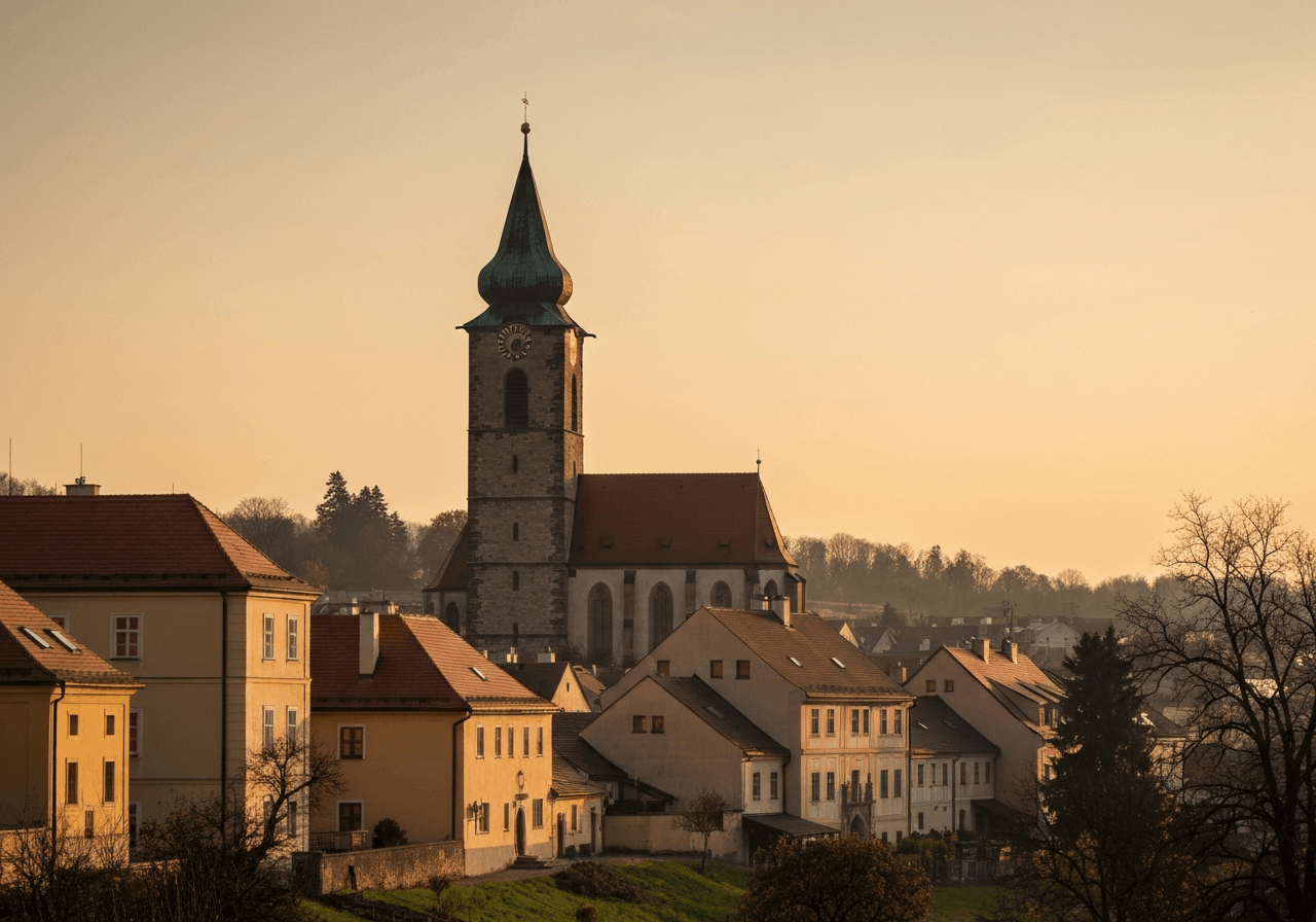 Editorial photography, wide angle view of a historic church tower in a picturesque Czech village, soft golden hour natural light, 85mm lens, high resolution, no text, no letters