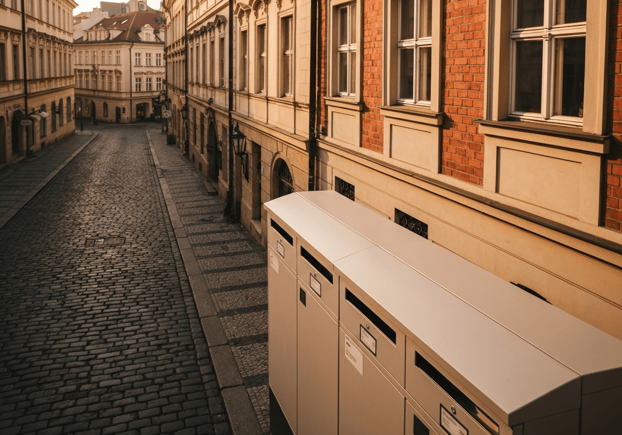 A high-angle close-up shot of a modern, organized parcel delivery box in a stylish, historical Prague street setting, warm soft natural morning light, cinematic depth of field, 85mm lens, high-end editorial photography, no text, no words.