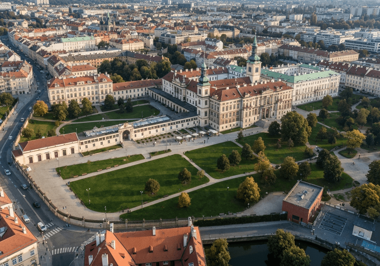 Aerial view of the Bubeneč district in Prague, showing a blend of historical architecture and lush green urban parks, modern, clean, editorial photography, soft natural light, 85mm lens, highly detailed, no text, no letters