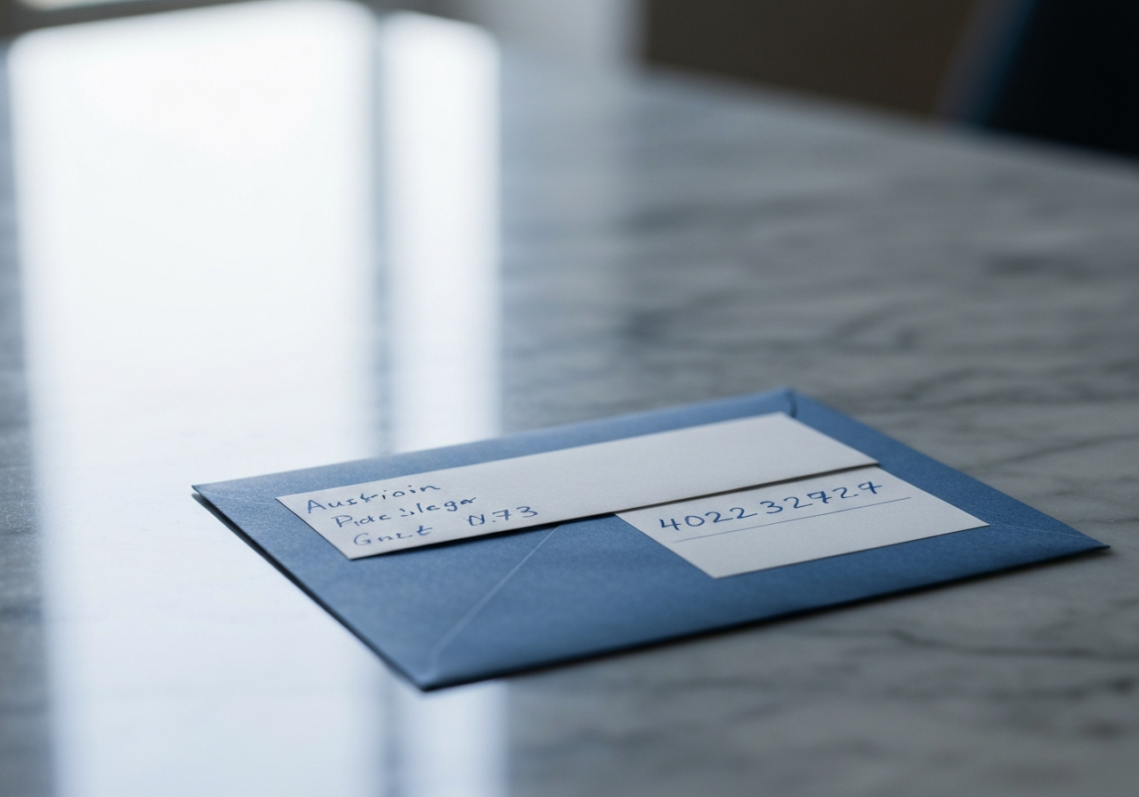 A high-end, minimalist close-up of a neatly addressed envelope with a clear Austrian postal code on a marble desk, soft natural light, editorial photography, 85mm lens, depth of field, no text, no words, no letters