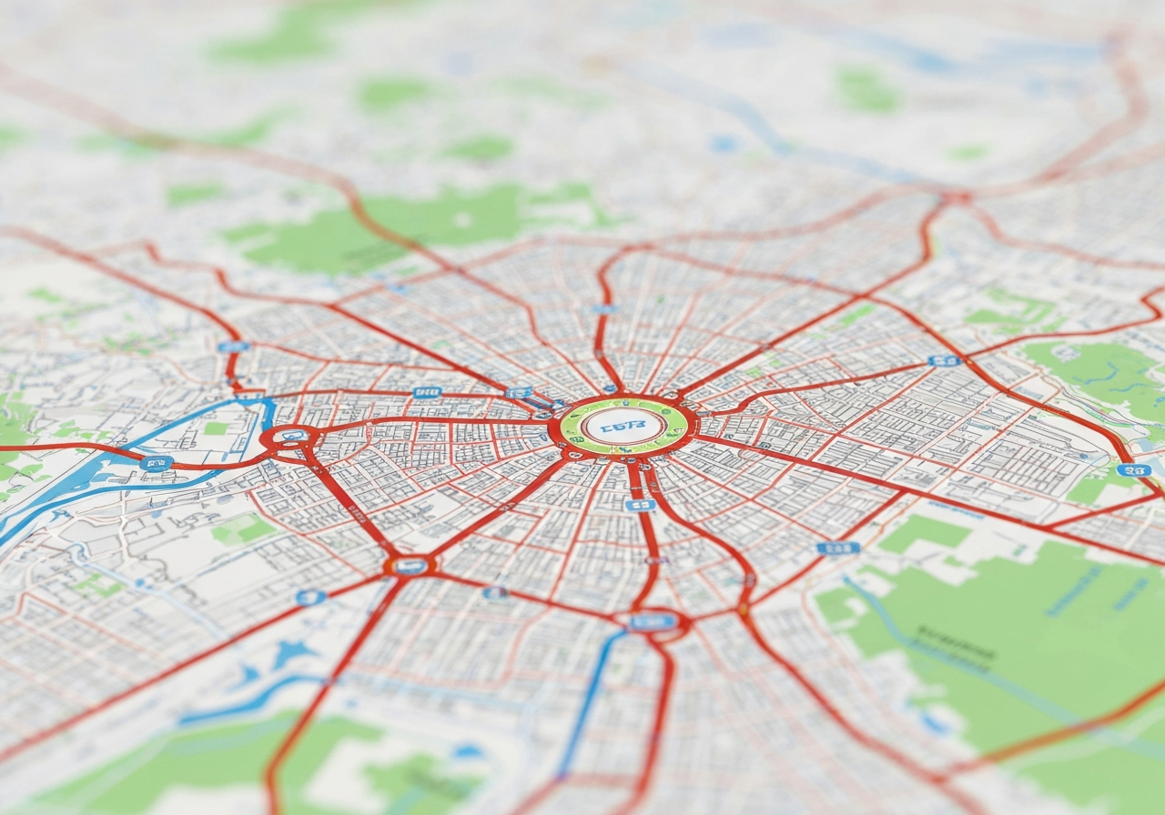 A detailed, high-angle close-up shot of a modern, organized parcel delivery map of Vienna with digital highlights, premium editorial style, soft natural light, 85mm lens, sharp focus on urban districts, clean aesthetic, no text, no words, no letters.