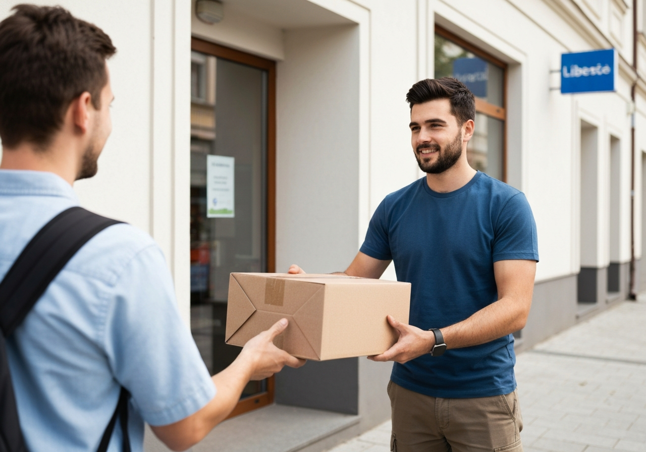 A professional delivery person handing over a cardboard parcel to a customer in front of a modern city store front, bright daylight, urban Liberec setting, editorial photography, 85mm lens, soft natural lighting, high resolution, no text, no words, no letters