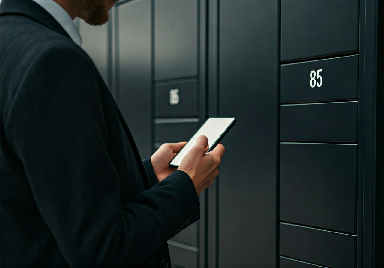 A professional person checking a smartphone app near a modern parcel locker in a clean city environment, Liberec architectural background, editorial photography, soft natural light, 85mm lens, minimalist and efficient aesthetic, no text, no words, no letters