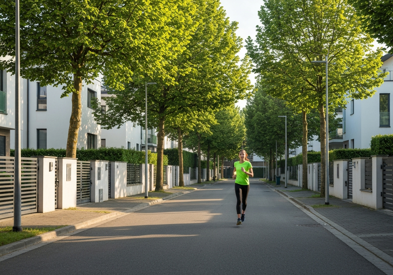 Active person jogging through a scenic, clean suburban street in Kosmonosy, modern residential architecture, vibrant green trees, editorial photography, soft natural morning light, 85mm lens, high resolution, no text, no letters