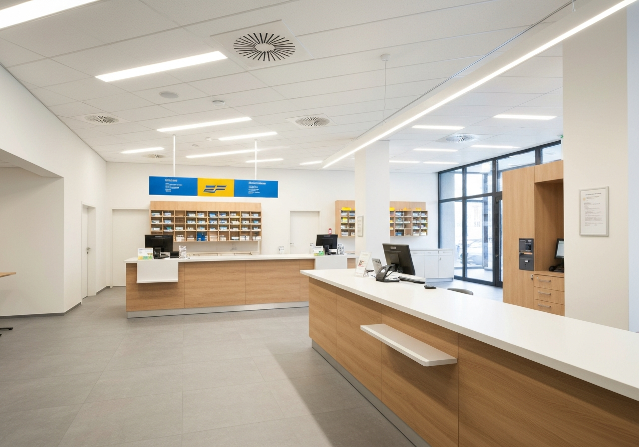 Editorial photography, modern postal office interior with minimalist counters, Frýdlant nad Ostravicí setting, soft natural light, clean lines, 85mm lens, highly detailed, no text, no letters
