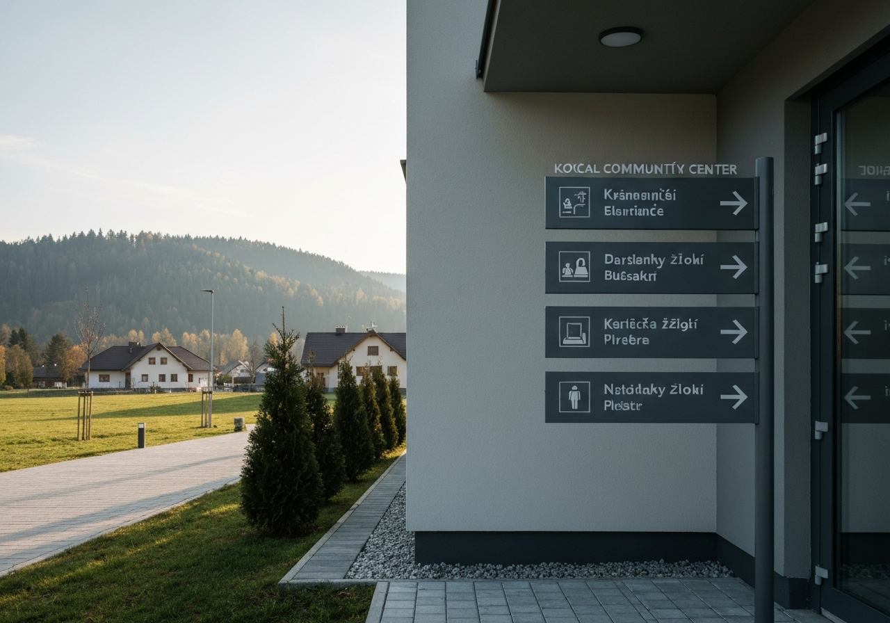 A professional view of a modern local community center in a mountainous region of the Czech Republic, clear signage for services, soft natural light, editorial photography, 85mm lens, high quality, no text, no words, no letters.
