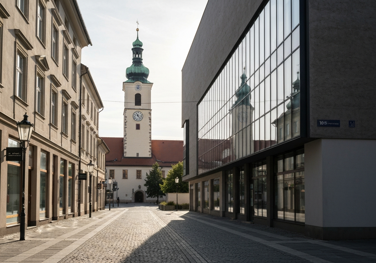 A professional, minimalist view of a modern Domažlice street with a historic clock tower in the background, soft natural sunlight, cinematic atmosphere, 85mm lens, high detail, no text, no letters.