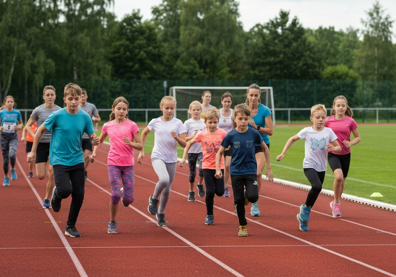 Active children and parents participating in an outdoor athletics training session on a modern sports track in Domažlice, lush green landscape background, editorial photography, natural daylight, sharp focus, 85mm lens, no text, no letters.