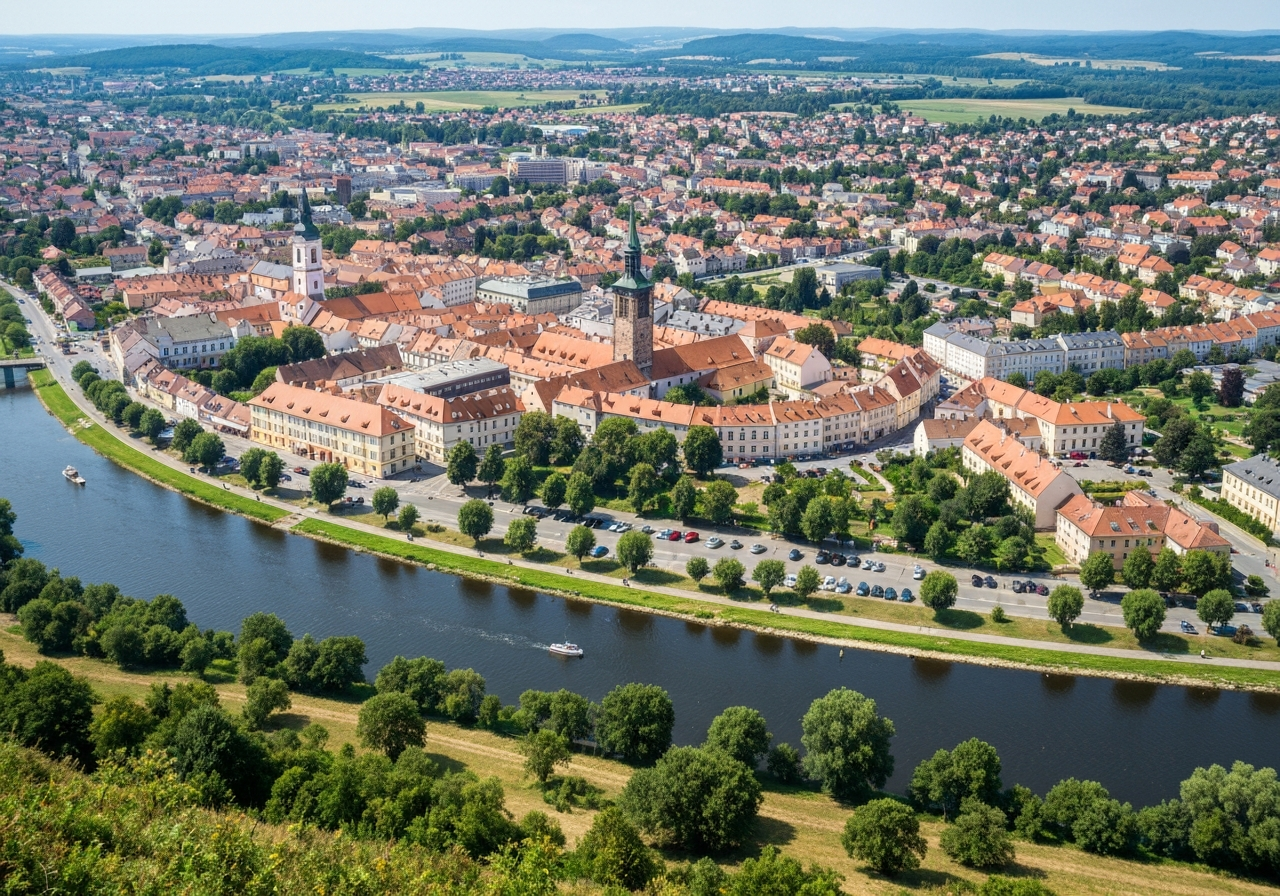 Aerial panoramic view of Dvur Kralove nad Labem featuring the historic town center and the winding Labe river, summer daylight, crisp landscape photography, 85mm lens, high resolution, no text, no letters