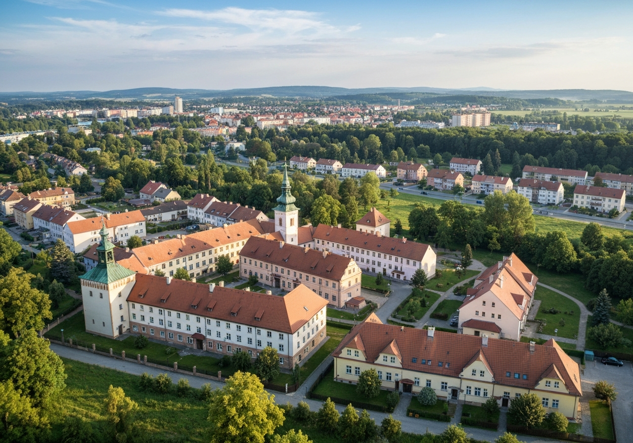 Aerial view of a clean, structured town layout in the Czech Republic, vibrant greenery surrounding residential quarters, editorial architecture photography, soft natural morning light, 85mm lens, high resolution, no text, no letters