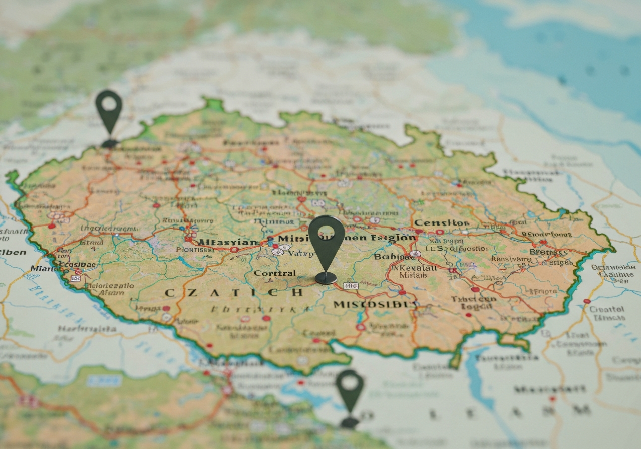 A detailed map of the Czech Republic with two distinct pins placed in the Moravian-Silesian and Central Bohemian regions, clean editorial design, soft natural lighting, 85mm lens, high resolution, no text, no words, no letters.