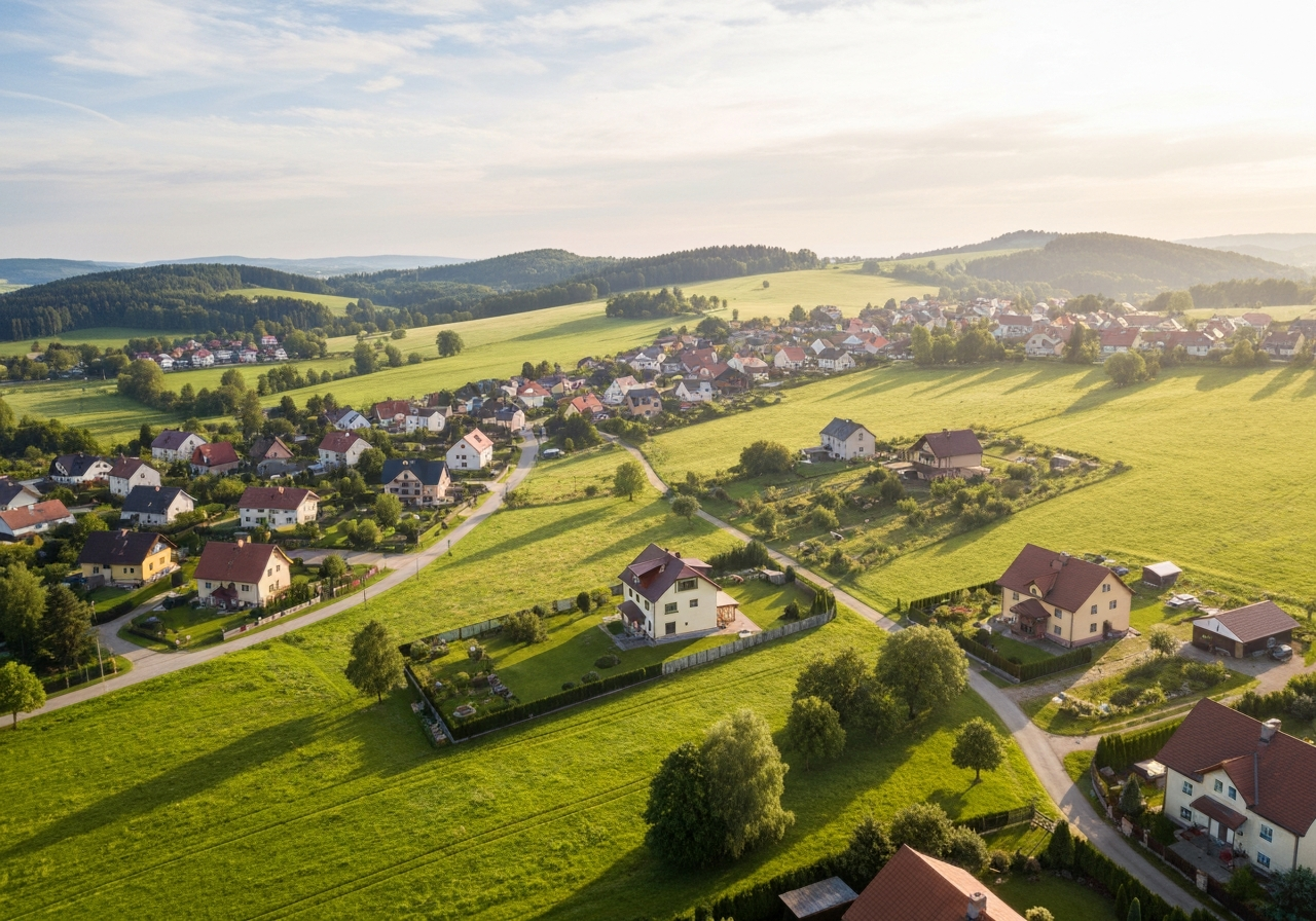 Aerial wide shot of a peaceful village landscape in the Central Bohemian Region, rolling green hills and neat residential houses, soft morning sunlight, cinematic composition, 85mm lens, high resolution, no text, no letters