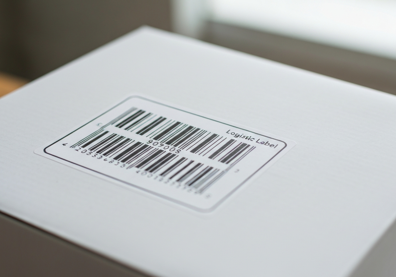 A close-up, high-angle editorial shot of a professional logistics label with a clear barcode on a clean white shipping box, soft natural light, shallow depth of field, 85mm lens, professional logistics environment, no text, no letters