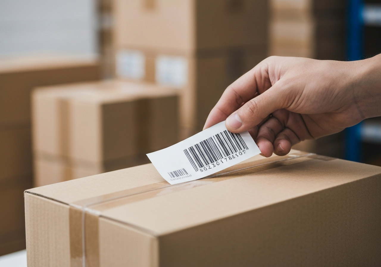 Close-up of a professional parcel labeling process, a high-quality shipping label with a barcode being applied to a clean corrugated cardboard box, modern logistics warehouse background, editorial photography, premium corporate style, soft natural lighting, 85mm lens, high detail, no text, no words, no letters