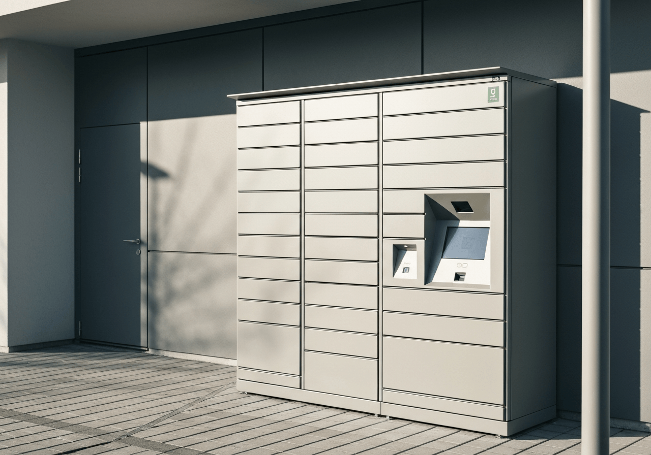 A professional logistics delivery point in a modern urban environment, sleek automated parcel locker in Louny, soft natural light, editorial photography style, 85mm lens, high resolution, no text, no words, no letters