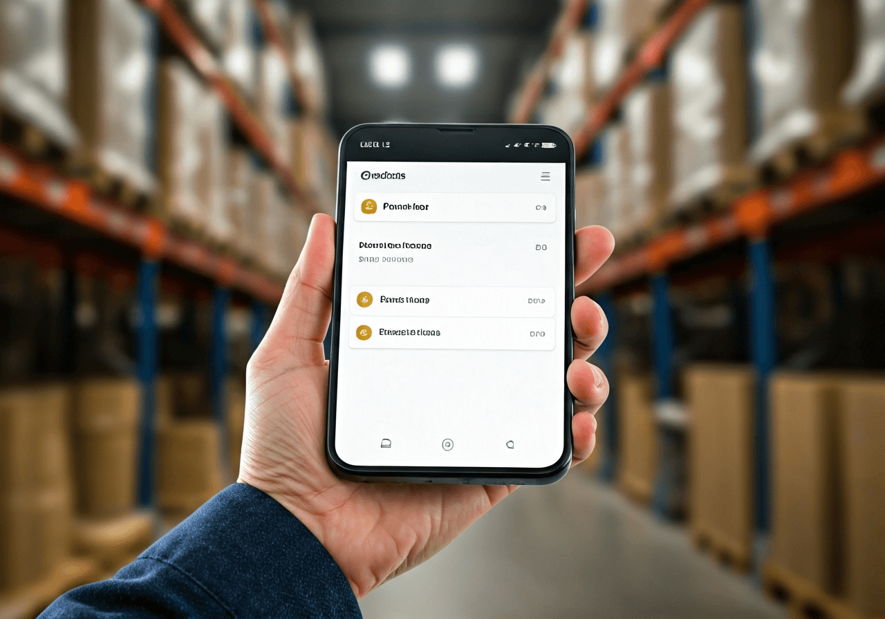 A close-up of a person's hand holding a modern smartphone displaying a parcel tracking interface of the Packeta app, blurred background of a modern logistics warehouse, professional editorial style, soft natural light, 85mm lens, high resolution, no text, no words, no letters.