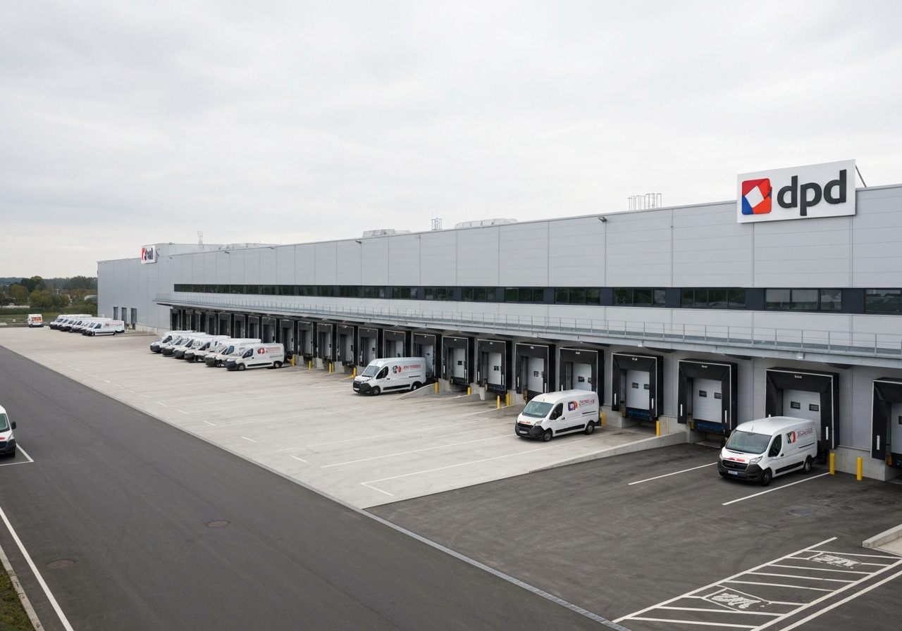 DPD Depo Ostrava: Funguje spolehlivě? (Zkušenosti) 2 Modern logistics depot exterior, clean industrial architecture with DPD branding, spacious loading docks with organized courier vans, high-angle editorial photography, soft natural daylight, 85mm lens, depth of field, premium quality, no text, no words, no letters.