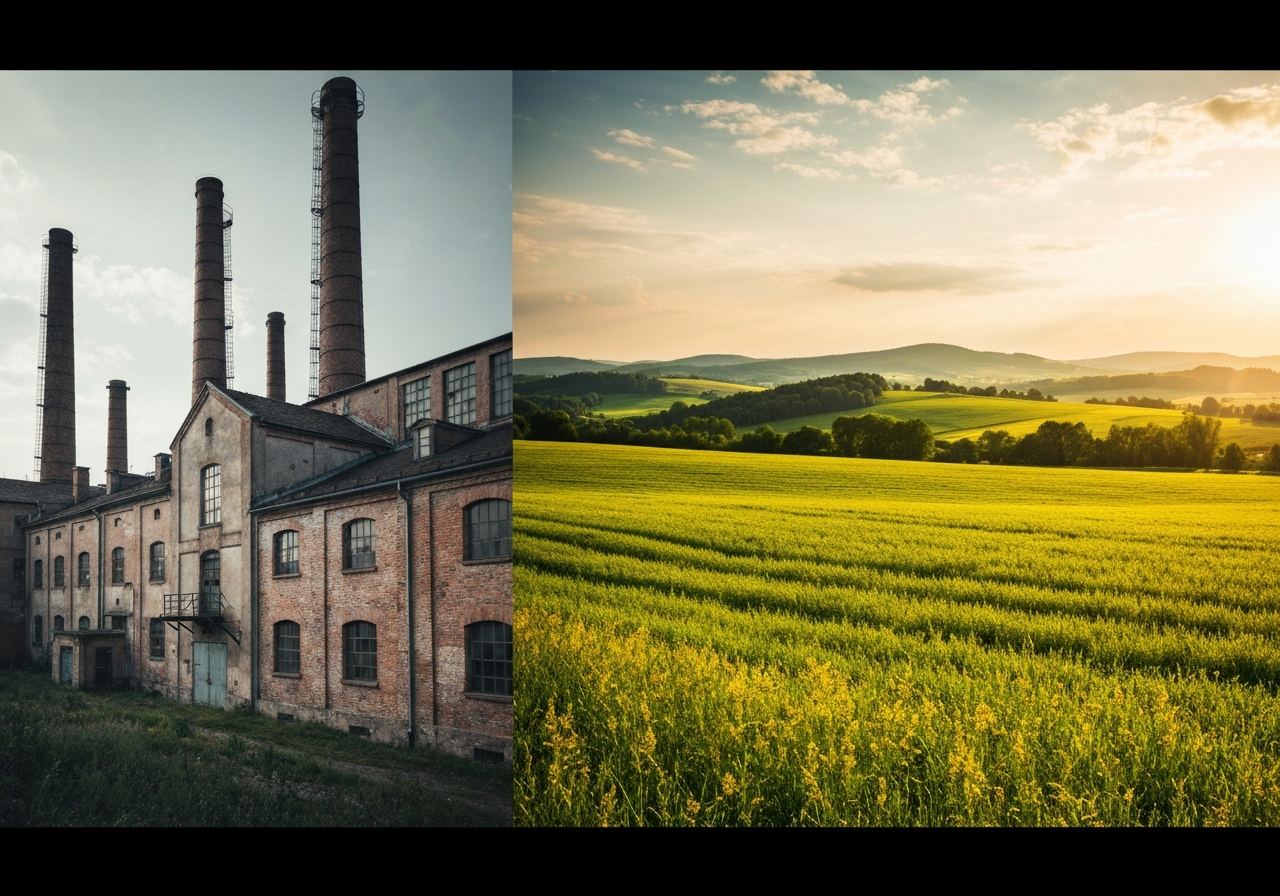Split-screen conceptual photography of two distinct rural Czech landscapes, one showing industrial heritage architecture and the other lush Moravian fields, editorial style, cinematic lighting, 85mm lens, high resolution, no text, no letters