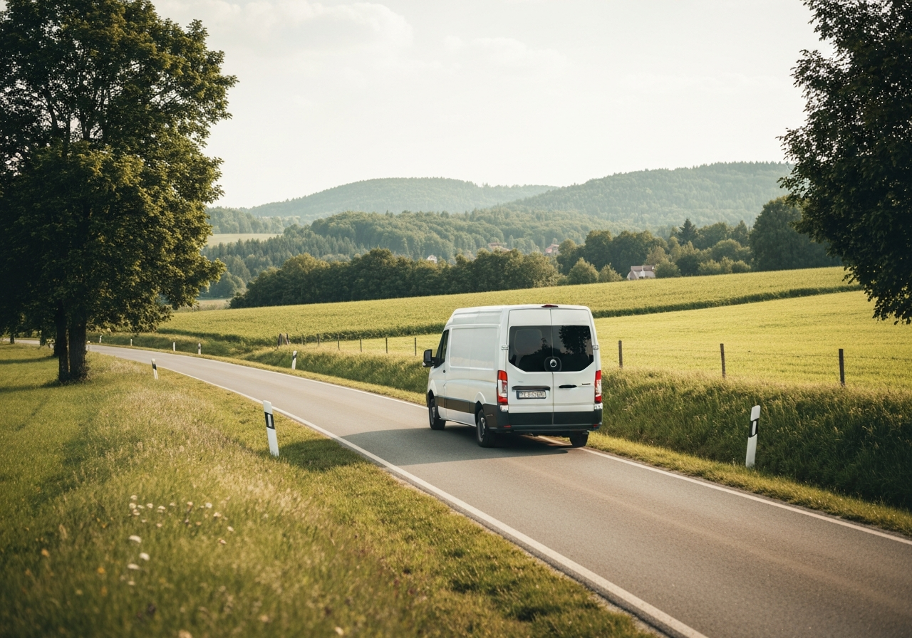 A professional logistics delivery van driving through a scenic rural road in South Moravia, editorial photography, modern, clean, soft natural light, 85mm lens, high quality, no text, no words, no letters