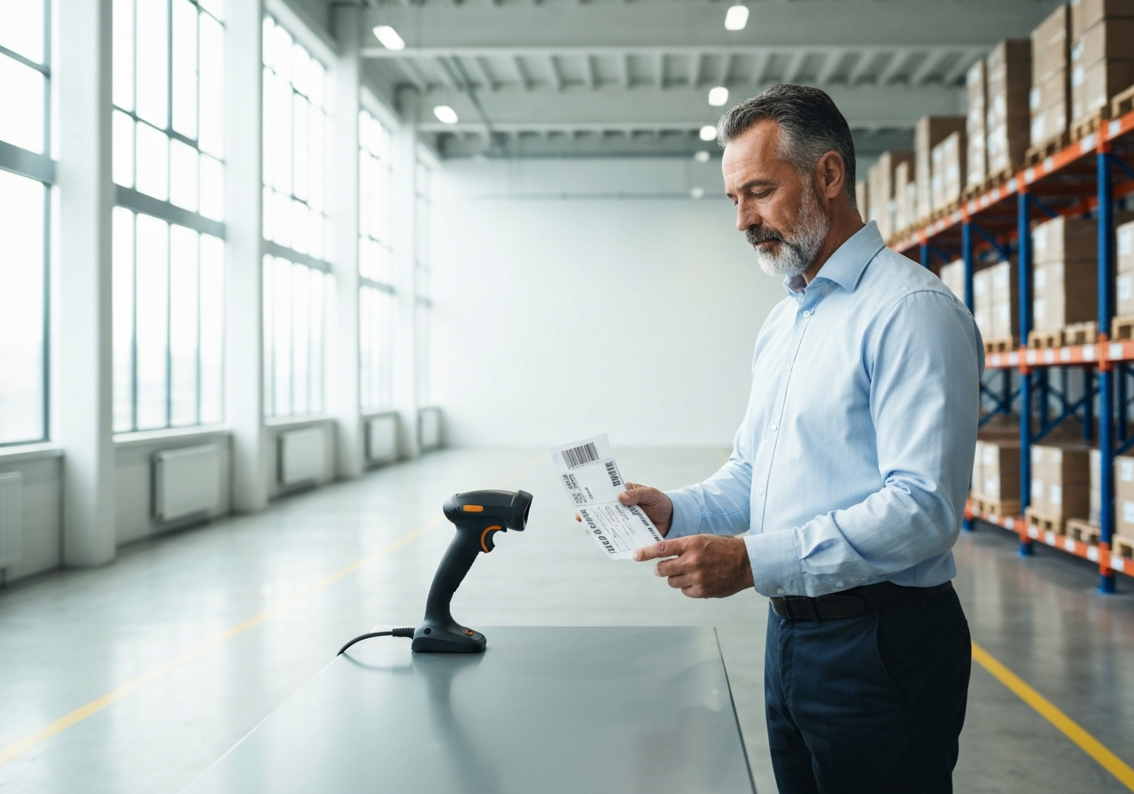A professional logistics worker holding a perfectly printed A6 shipping label next to a modern barcode scanner in a clean, brightly lit warehouse, editorial photography, soft natural light, 85mm lens, highly detailed, no text, no letters