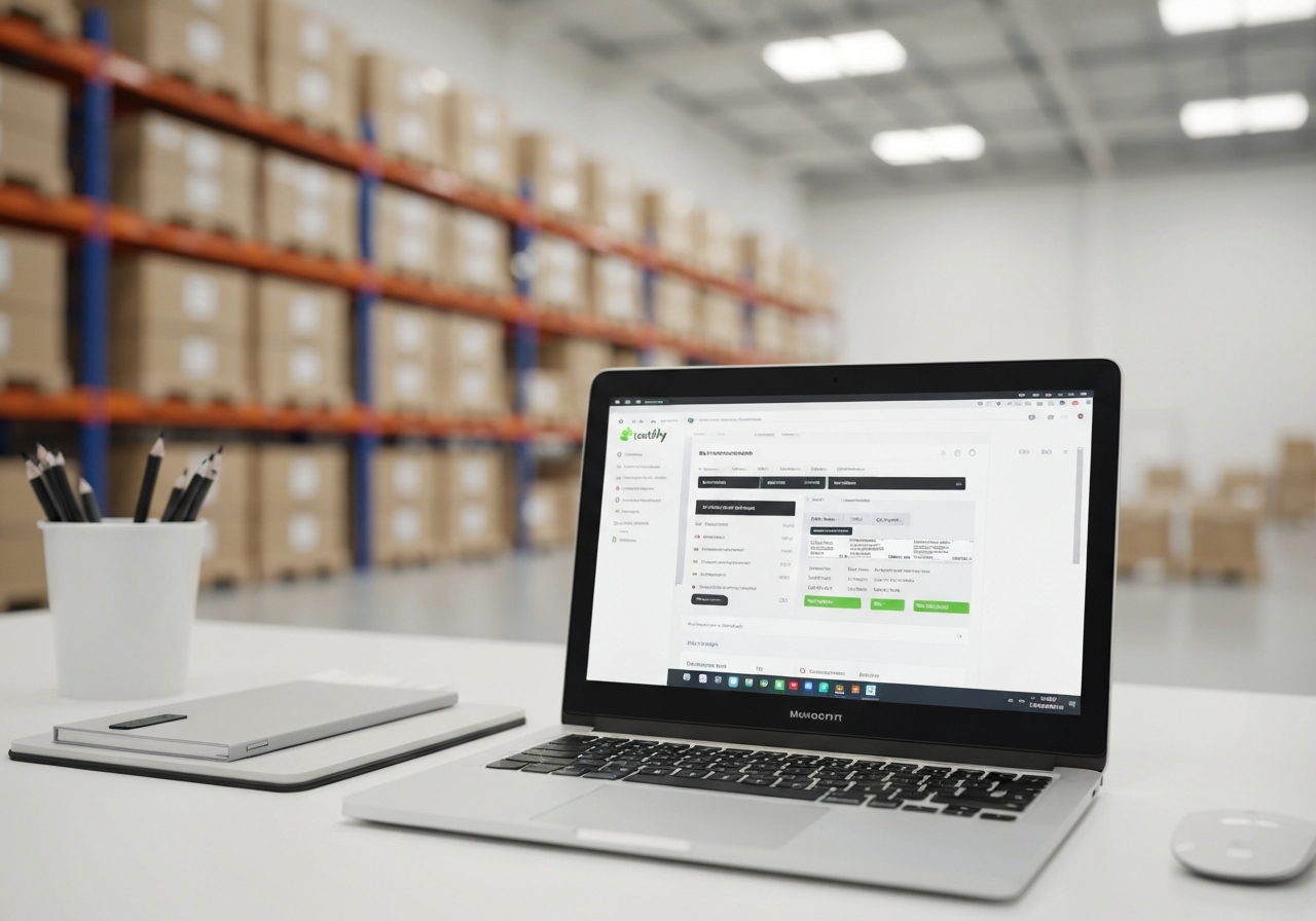 A clean, high-tech warehouse workspace with a laptop displaying a Shopify dashboard, shipping labels being printed, blurred aesthetic, minimalist professional setting, soft natural light, 85mm lens, highly detailed, no text, no letters.