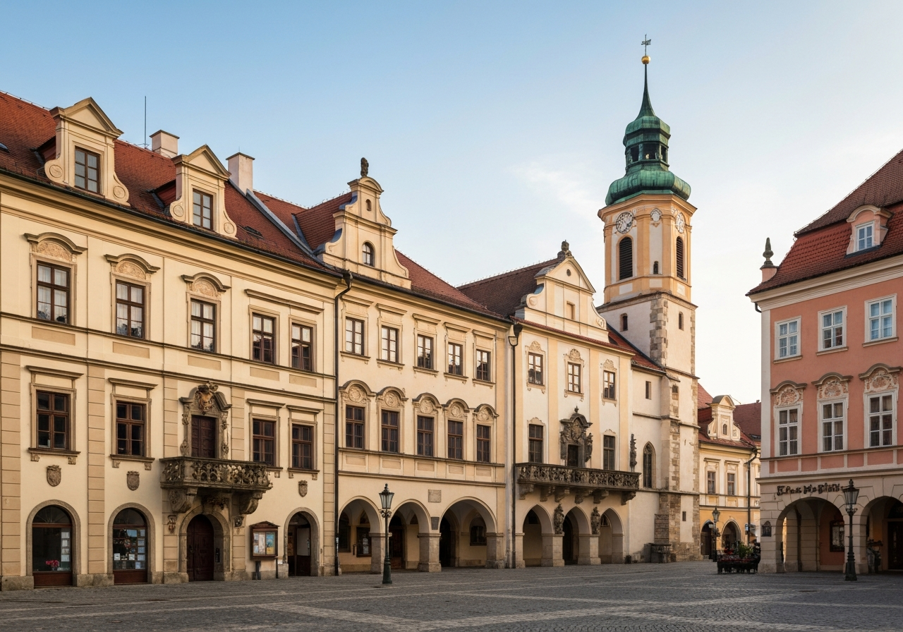 A professional view of the historic town square of Moravske Budejovice, architectural focus, soft natural light, editorial photography, 85mm lens, high resolution, no text, no words, no letters