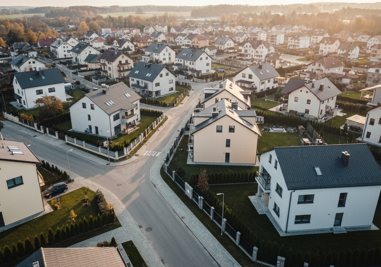 Aerial view of a clean, modern residential neighborhood in Moravske Budejovice, quiet streets with orderly houses, soft morning light, 85mm lens, high resolution, professional architectural photography, no text, no words, no letters