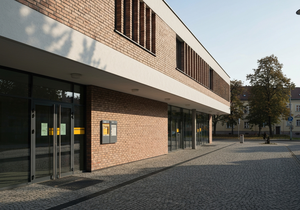 A professional exterior shot of a modern Czech post office branch, clean architectural lines, brick facade, soft natural daylight, 85mm lens, high resolution, no text, no words, no letters