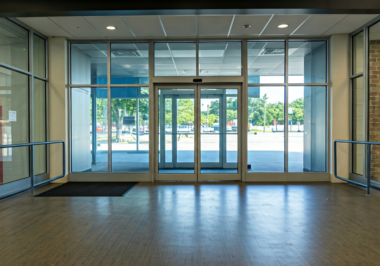 A wide-angle editorial shot of a modern, accessible post office entrance with a wheelchair ramp and automatic glass doors, bright and clean interior, soft natural light filtering through, 85mm lens, high quality, no text, no words, no letters