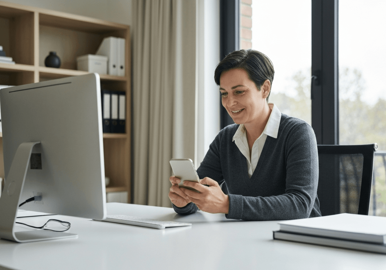A person checking a delivery tracking status on a smartphone, clean modern home office setting, editorial photography, soft natural light, 85mm lens, shallow depth of field, no text, no words, no letters