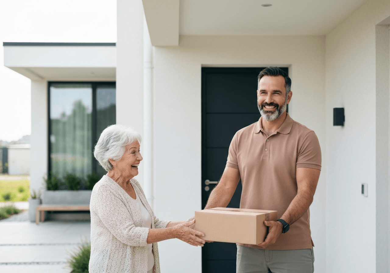 A professional courier delivering a package to a happy customer at a modern doorstep, bright daylight, clean and minimalist residential architecture, editorial photography style, soft focus background, 85mm lens, high quality, no text, no letters.