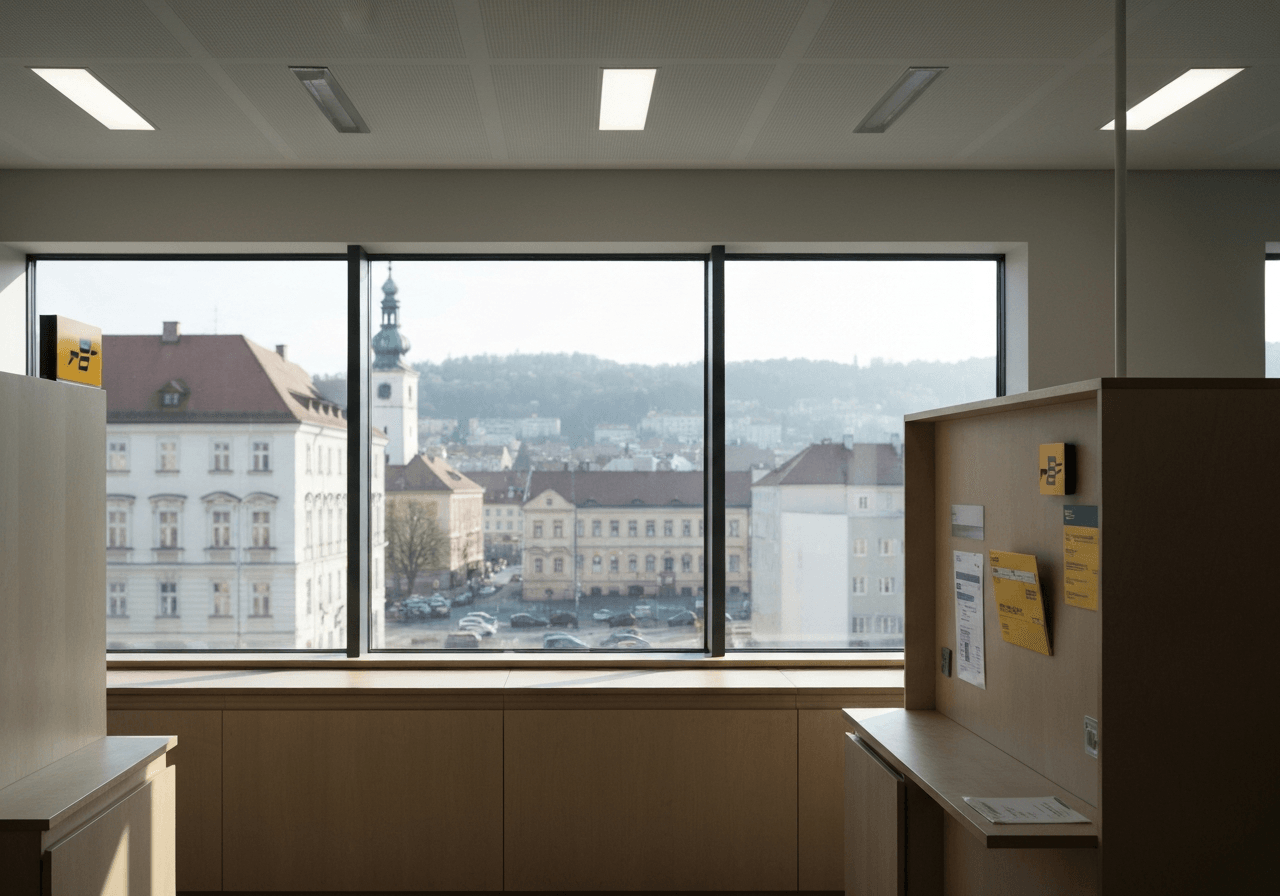 A professional editorial photograph of a modern, minimalist post office interior, blurred cityscape of Havlickuv Brod in the background through a large window, soft natural morning light, cinematic atmosphere, 85mm lens, no text, no letters.