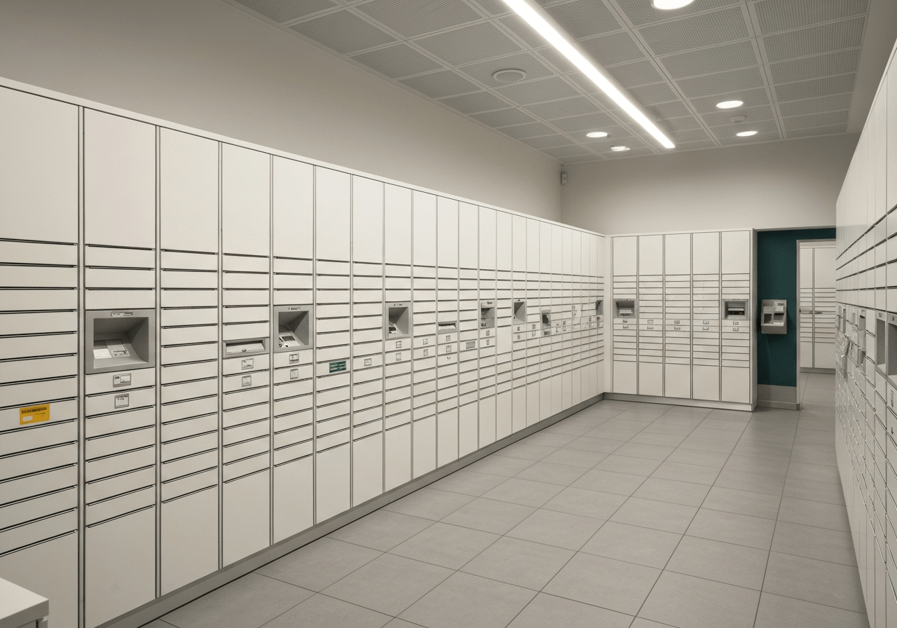 A professional, modern post office interior in Havlickuv Brod with clean lines and organized parcel lockers, editorial style, soft natural light, shot on 85mm lens, highly detailed, no text, no words, no letters.