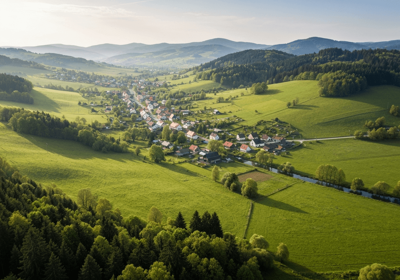 PSČ Zdíkov: Kompletní průvodce poštovními službami 2026 2 Aerial wide shot of Zdíkov village nestled in the lush rolling foothills of the Šumava mountains, vibrant green meadows and traditional architecture, soft natural morning light, cinematic editorial photography, 85mm lens, highly detailed, no text, no words, no letters.