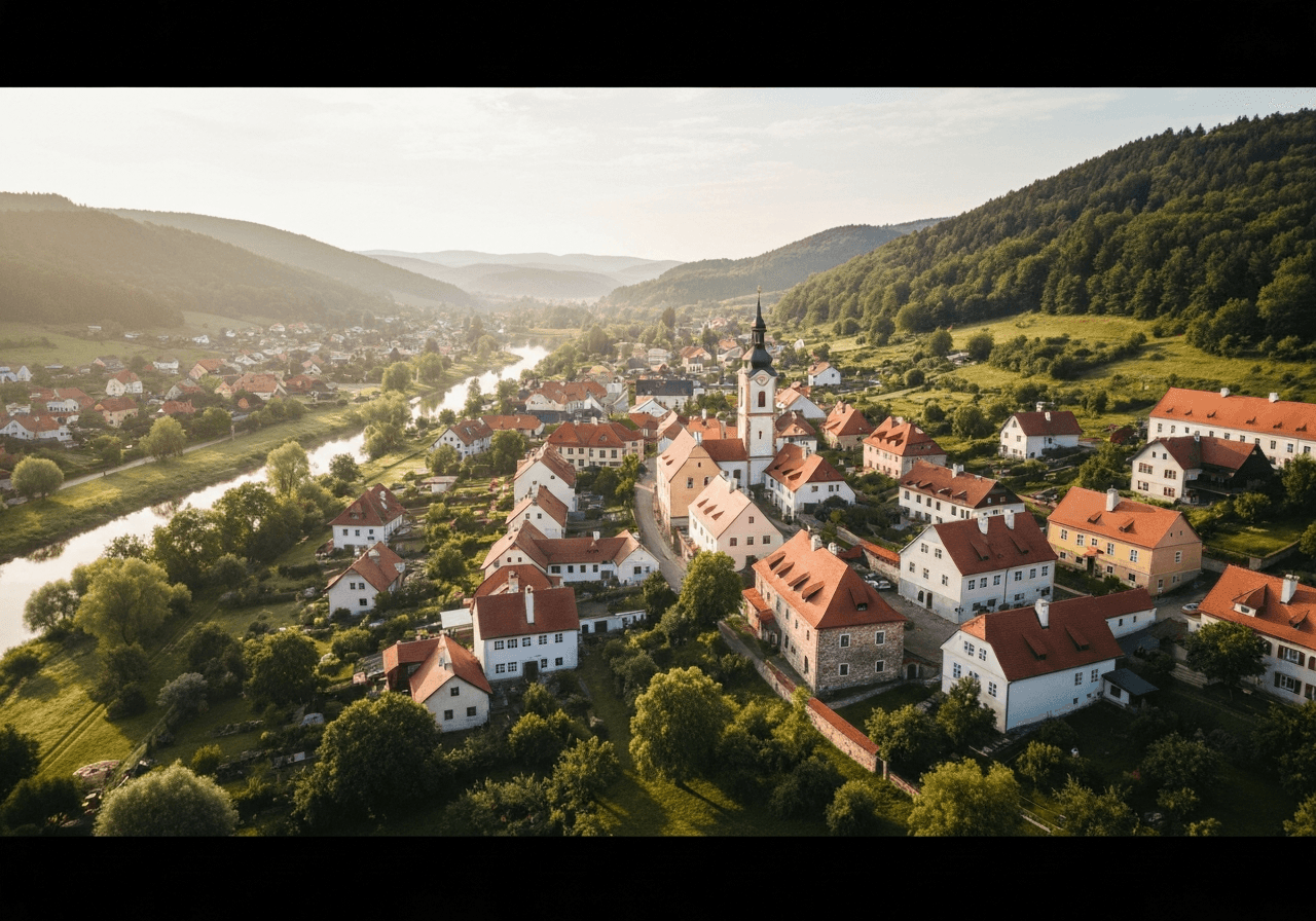 PSČ Zdíkov: Kompletní průvodce poštovními službami 2026 3 Aerial photography of a picturesque Bohemian village surrounded by lush green hills, historical stone houses with red roofs, vibrant natural landscape, soft morning light, 85mm lens, cinematic composition, high resolution, no text, no letters.