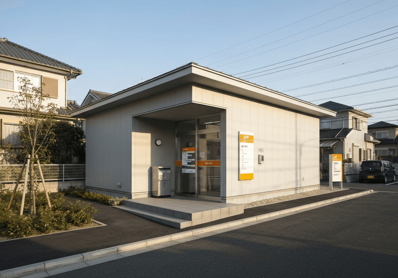 Exterior shot of a modern, clean post office branch in a quiet residential district, soft natural light, architectural editorial photography, 85mm lens, sharp focus, no text, no letters